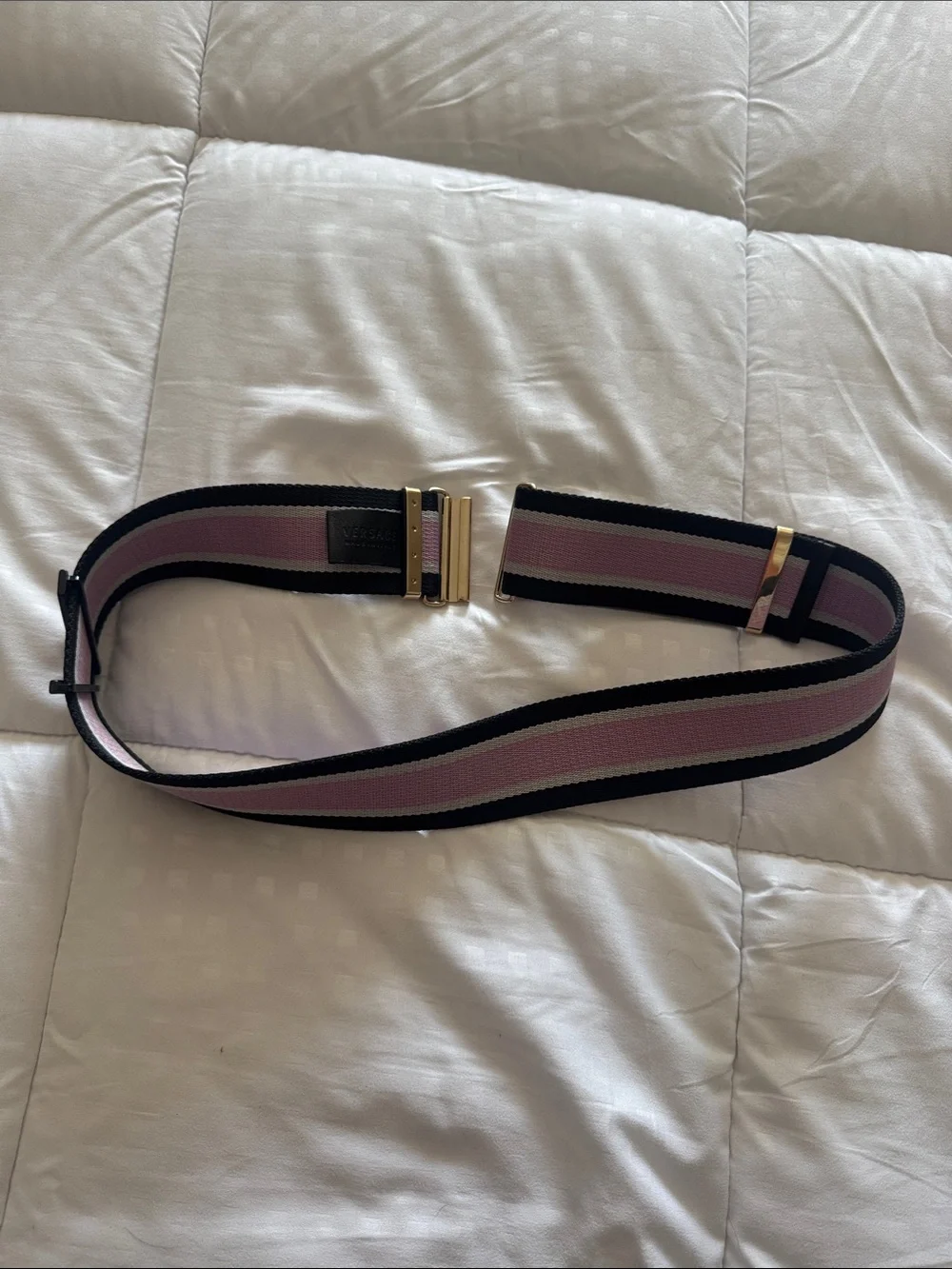 Authentic Versace Pink and Black Elastic Waist Belt with Gold Hardware